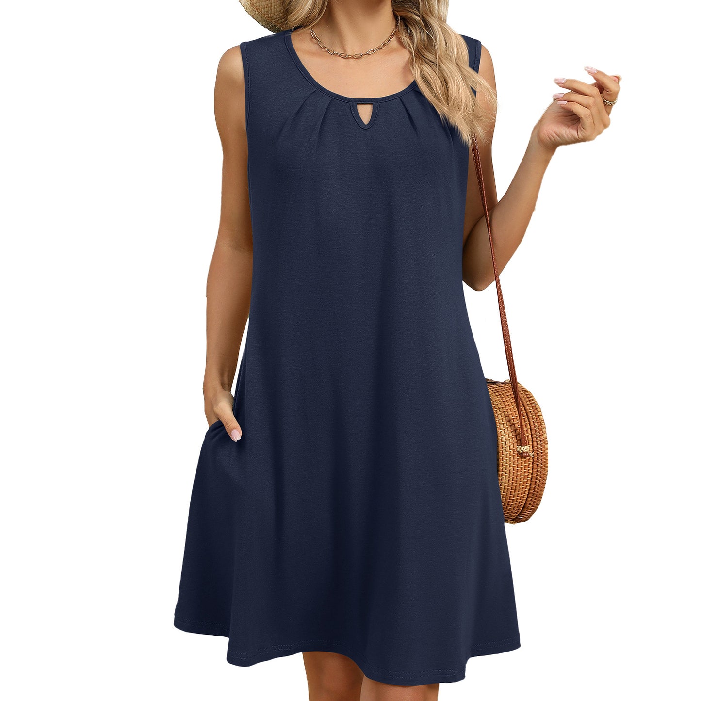 Solid Color Round Neck Hollow Pleated Sleeveless Dress