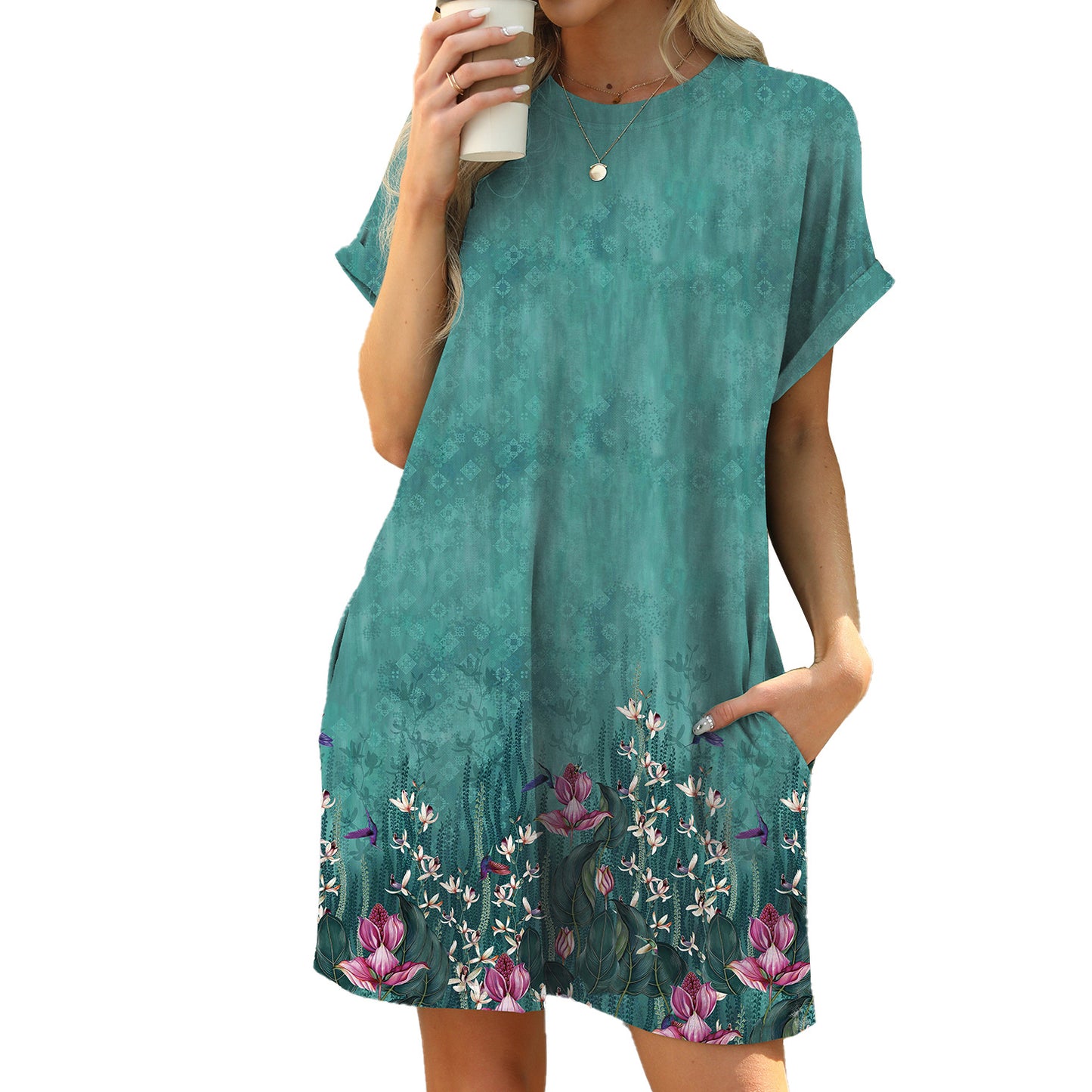Loose Round Neck Sleeve Printed Pocket Dress