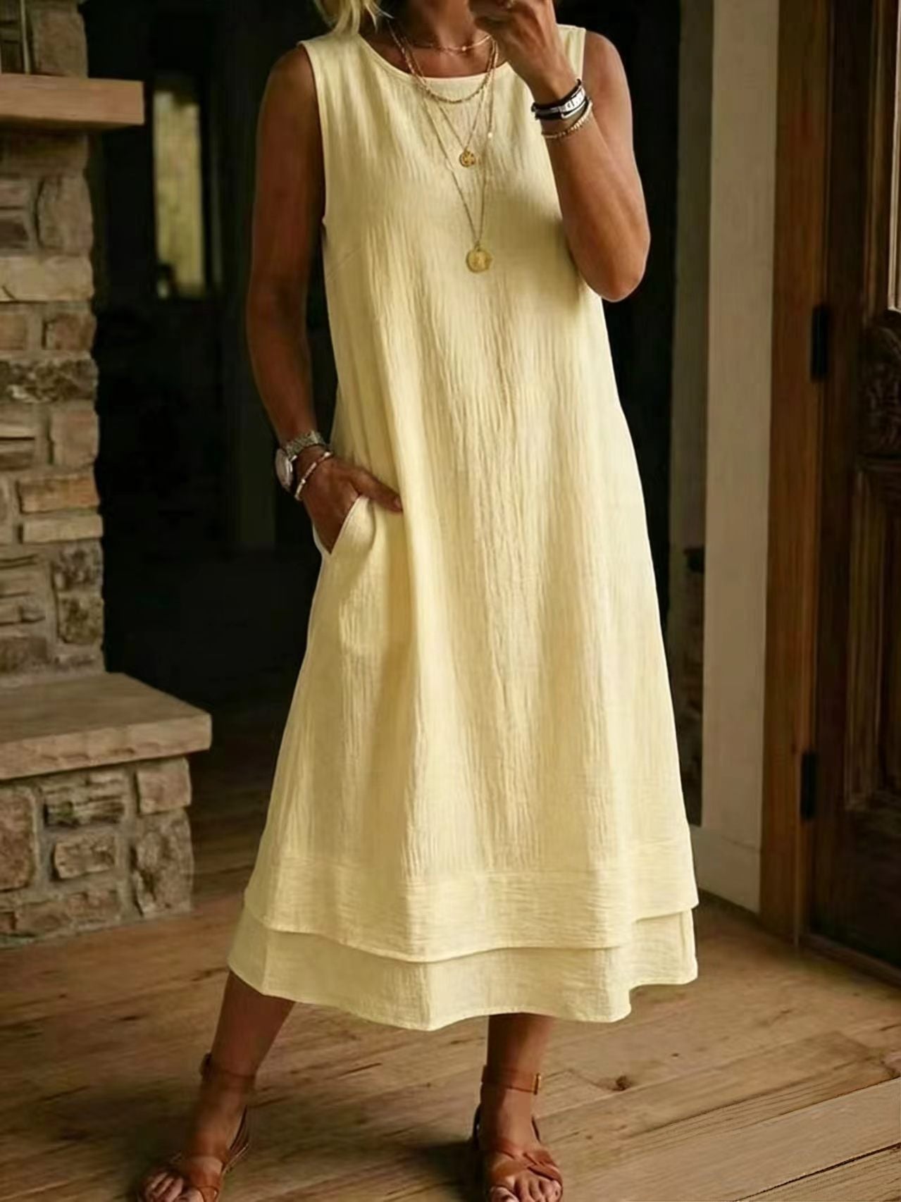 Fashion Casual Round Neck Pocket Long Solid Dress