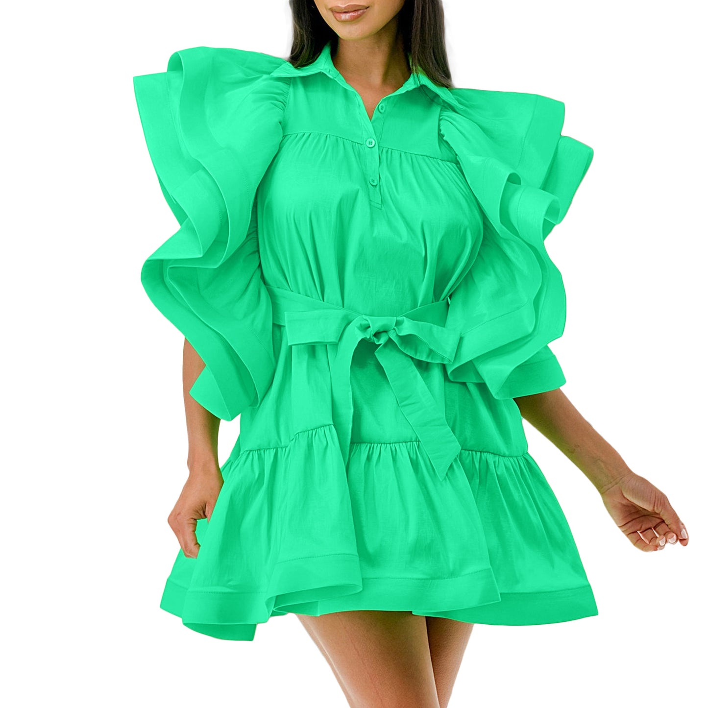 Women's Fashion Wear Lapel Flying Sleeves A- Dresses