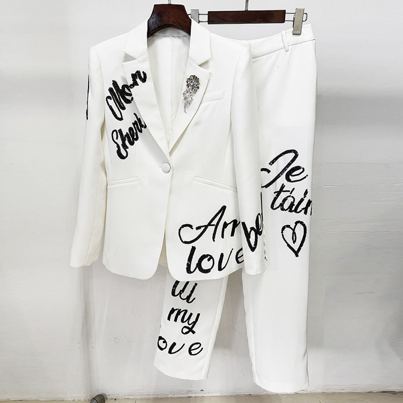 Early Spring English Alphabet Embroidery Sequined Trousers Two-piece Fashion Casual Suit