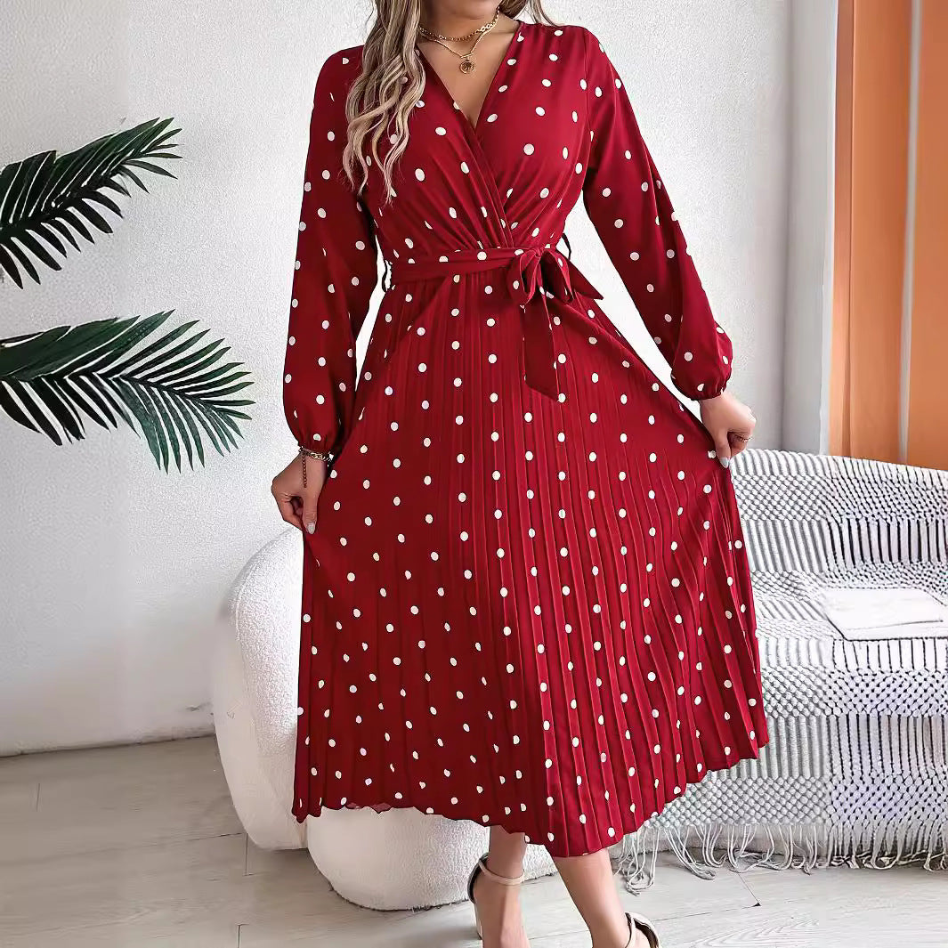 Women's Elegant Contrast Color Polka Dot Cross Pleated Dress