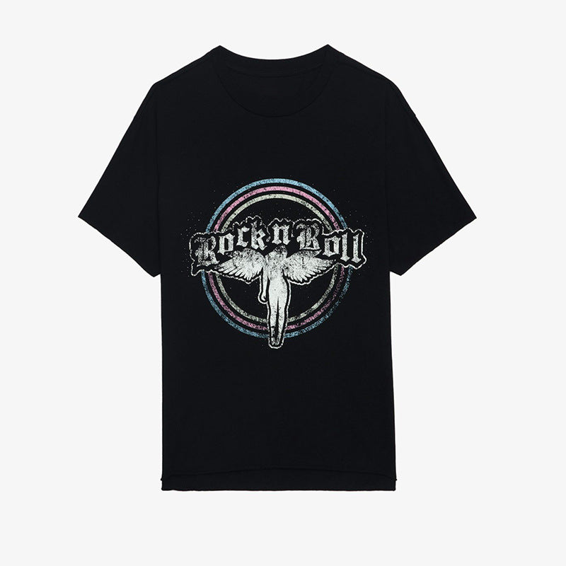 Women's Spring French Niche Angel Discharge Print Printed Rhinestones Slit Blouses