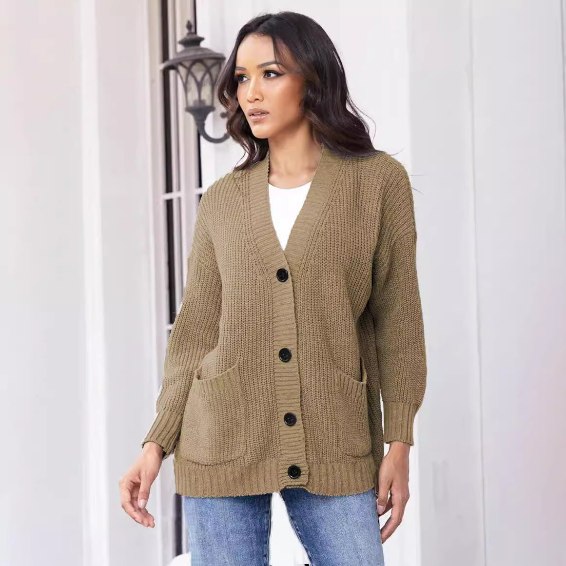 Women's Solid Color Loose Single-breasted Pocket Tops