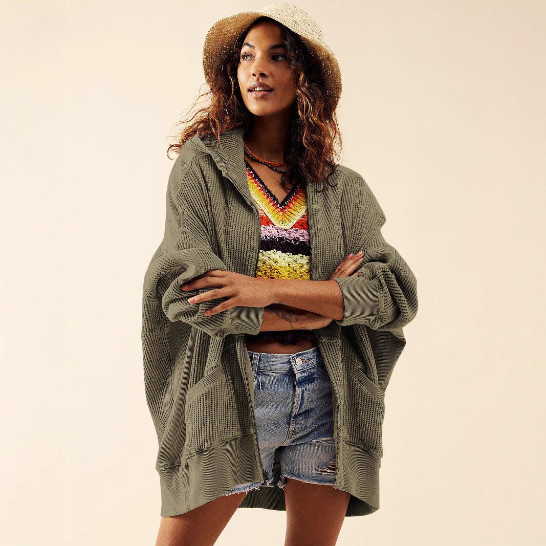 Women's Waffle Zipper Home Wear Outerwear Hoodie Sweaters