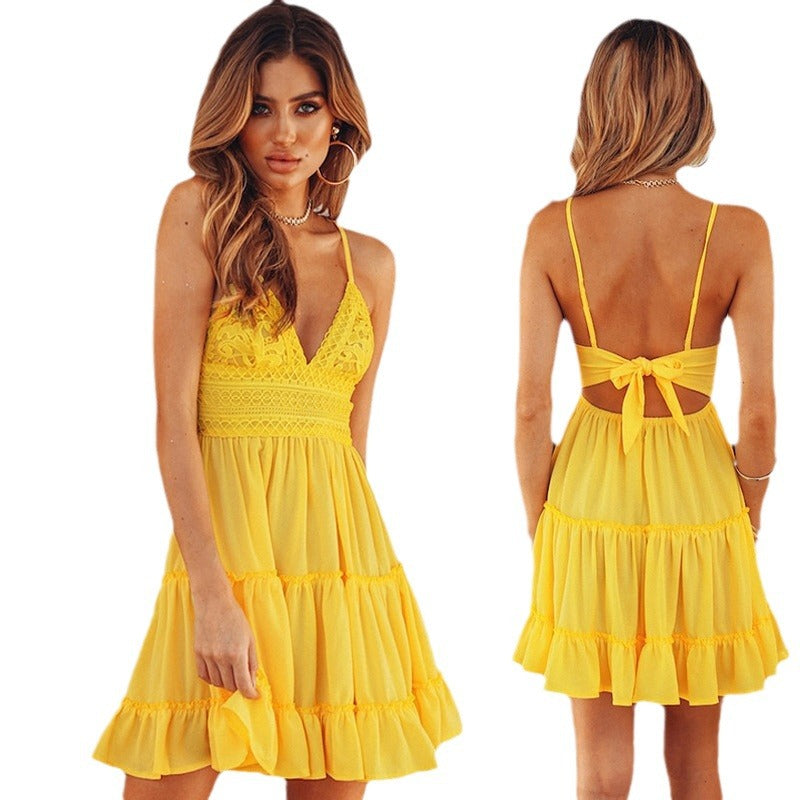 Women's Sexy Lace Sling Stitching Backless Dress