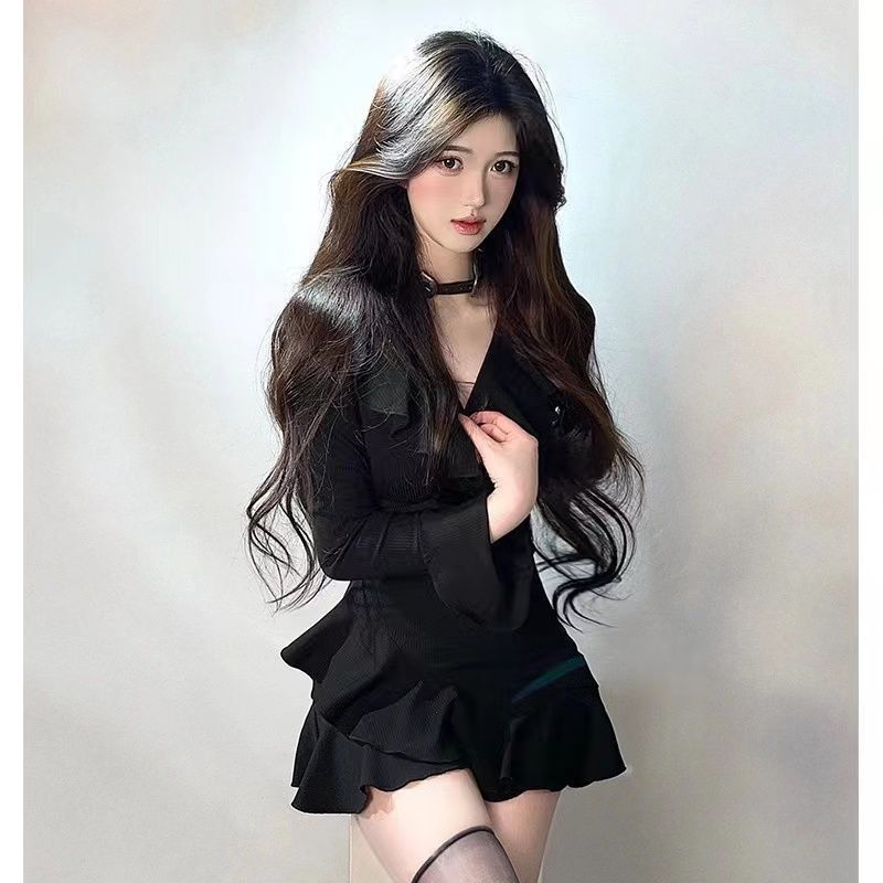 Women's Black Ruffled Flared Sleeves Long Inner Wear Elegant Dress