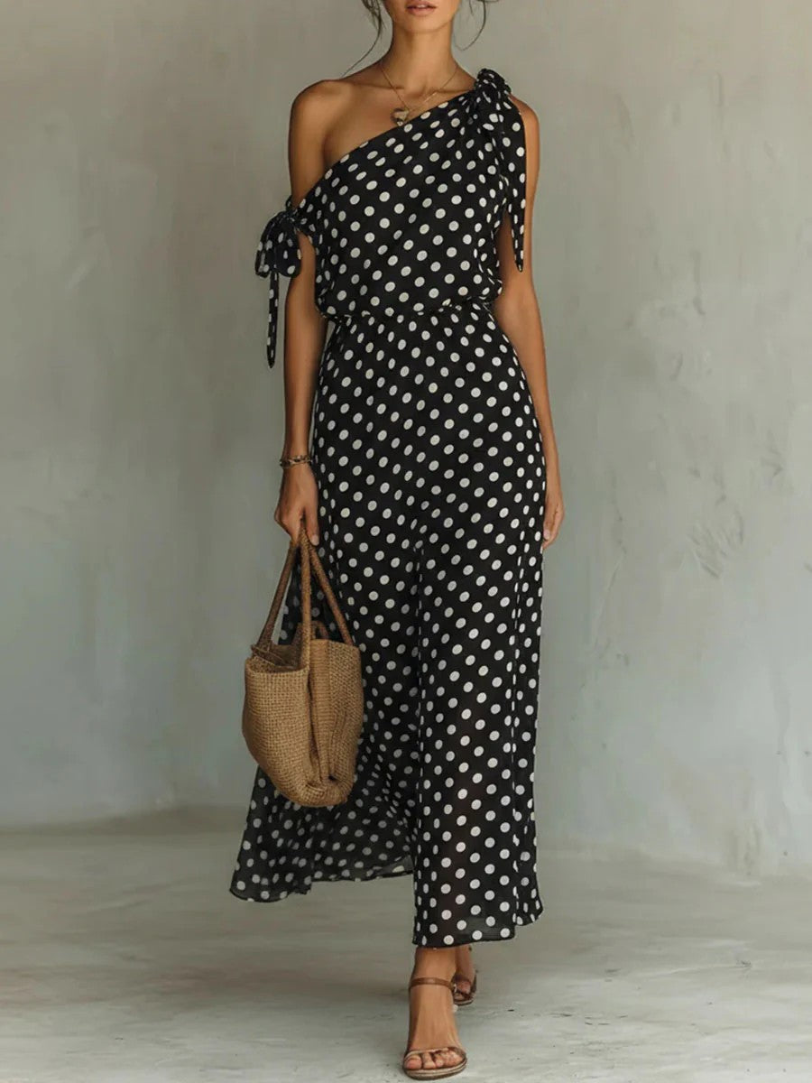 Women's Elegant Cold-shoulder Sleeveless Casual Loose Polka Dress