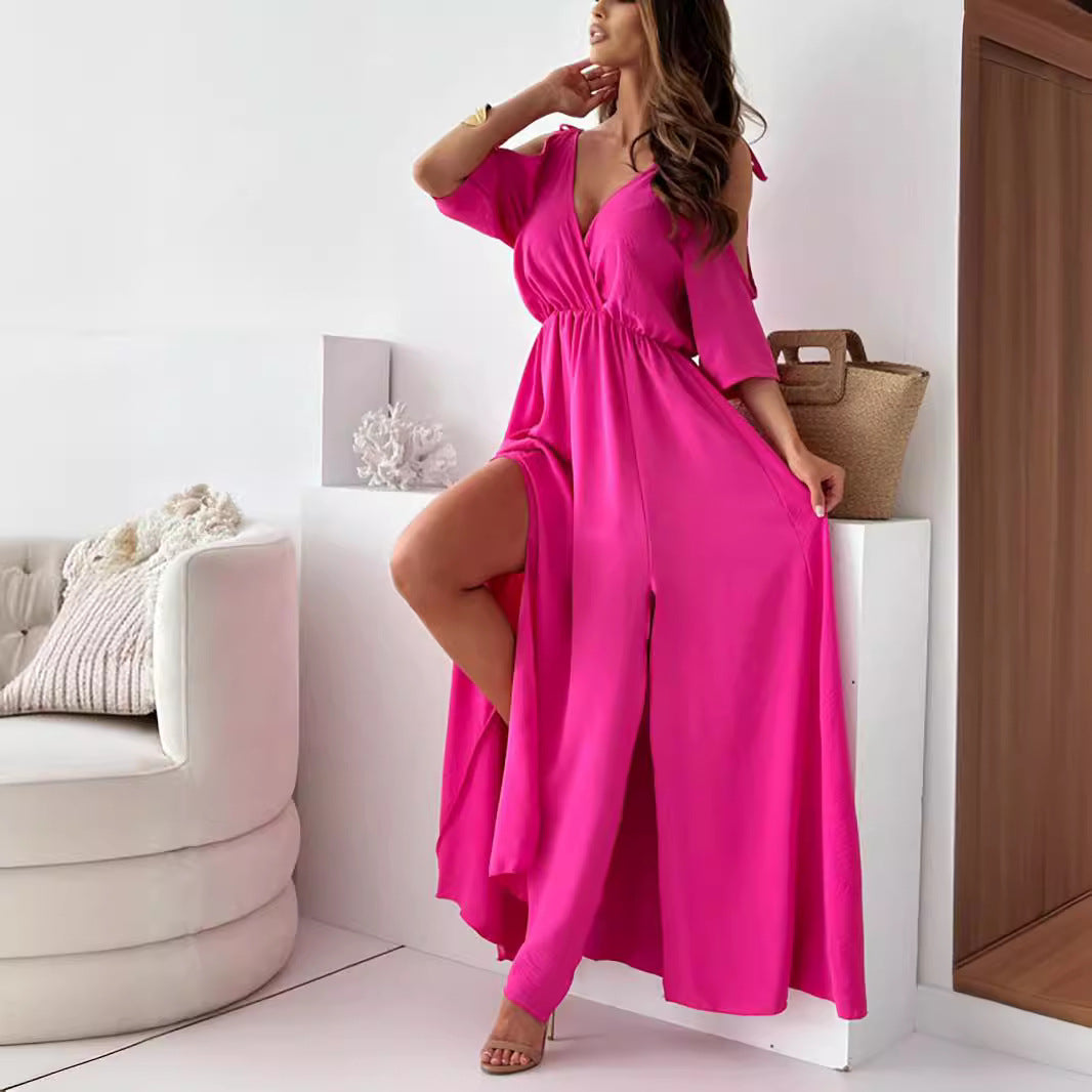 Collar Slit Hemline Sleeves Sexy Strap Dress