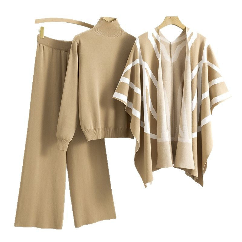 Women's Temperament Idle Style Knitted Shawl Cape Wide Leg Fashion Casual Suit