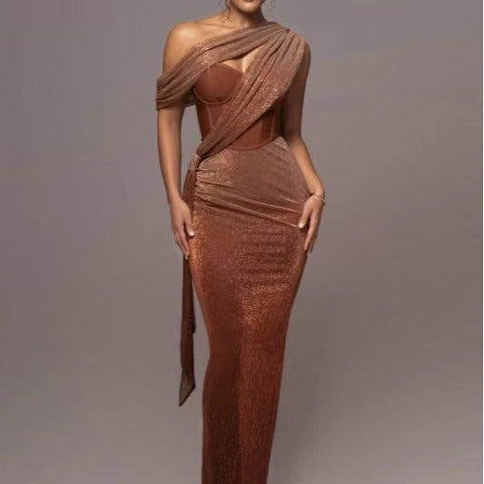 Women's Split Suspender Fashion Peach Collar Sexy Slim Dresses