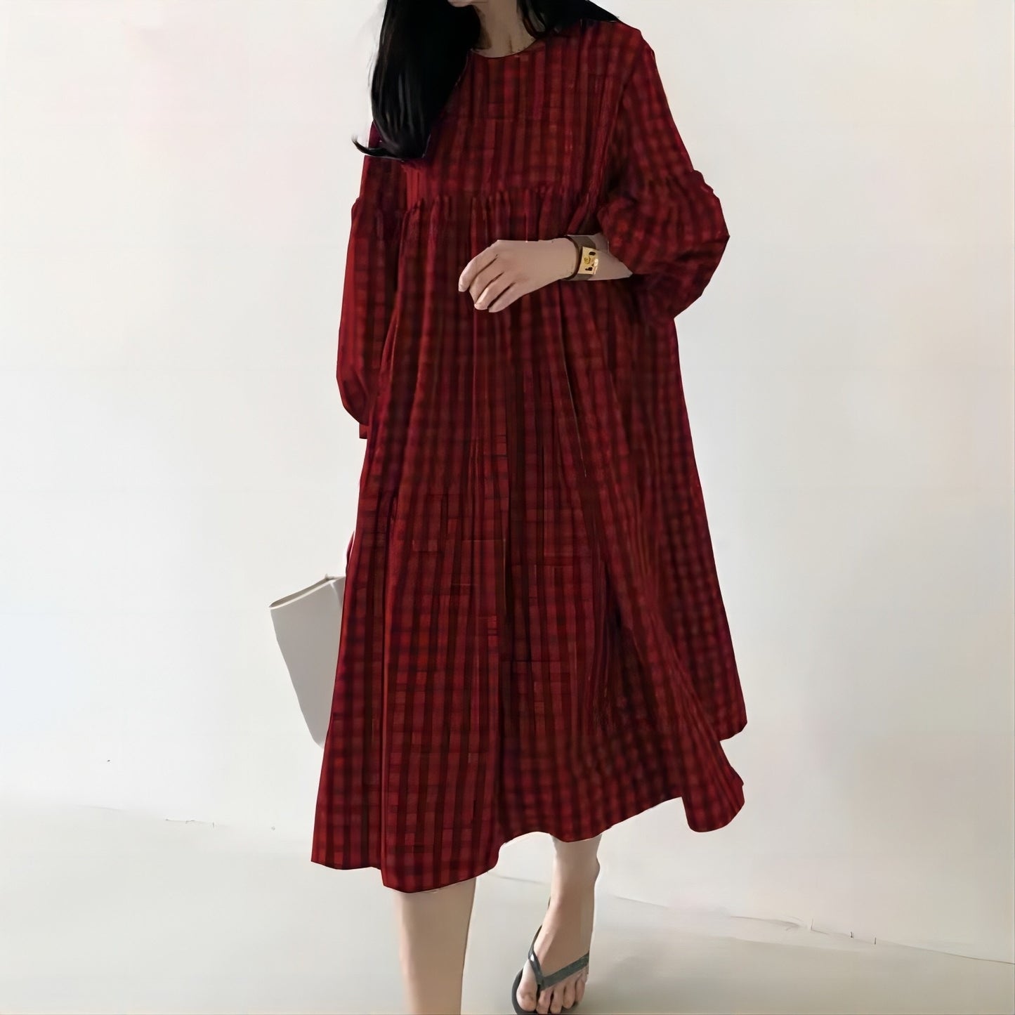 Women's Casual Plaid Puff Sleeve Round Neck Dress