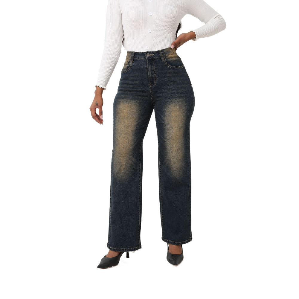 Women's High Elastic Denim Retro Straight Loose Jeans