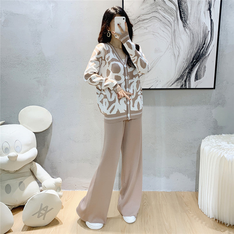 Women's Leopard Knitted Loose Wide Leg For Fashion Casual Suit