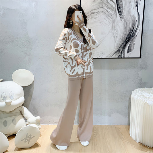 Women's Leopard Knitted Loose Wide Leg For Fashion Casual Suit