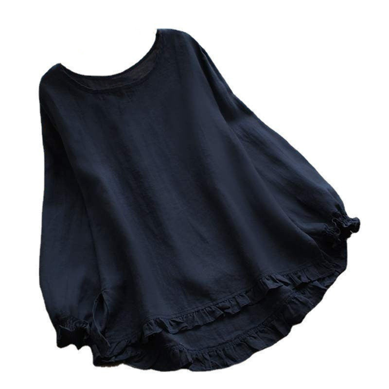 Women's Solid Color Loose Lotus Leaf Bottom Cuff Round Neck Blouses