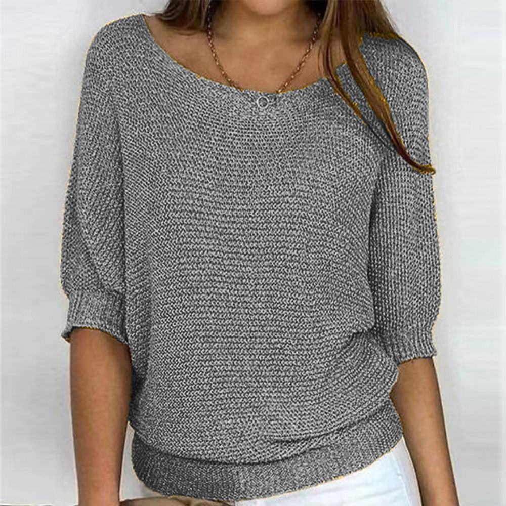 Women's Color Round Neck Commuter Elegant Cropped Sleeves For Air Conditioned Women's Sweater