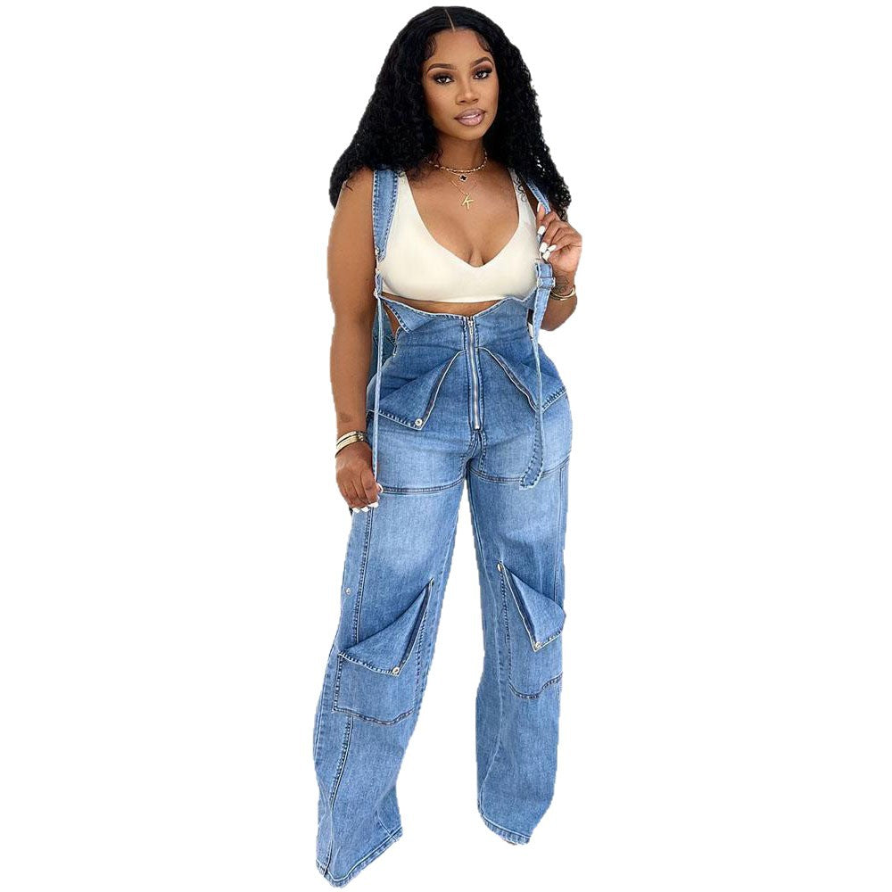 Women's Denim Overalls Summer Street Casual Zipper Washed Jumpsuits