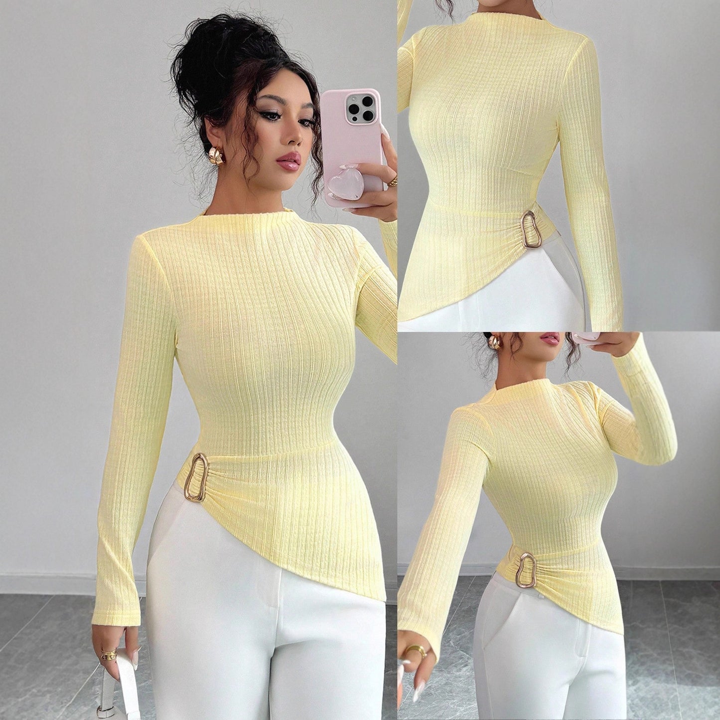 Women's Fashion Wear Long Sleeve Metal Buckle Tops