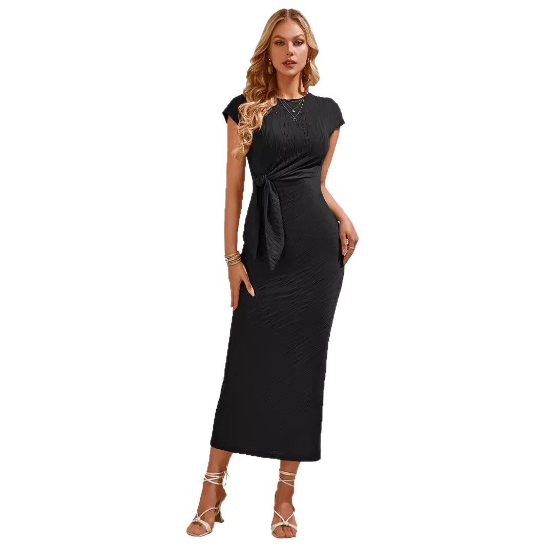 Women's Fresh Casual Solid Color Round Neck Waist Trimming Dress
