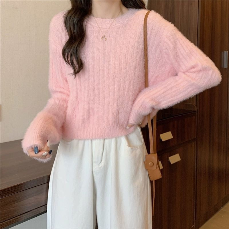 Women's Korean Style Mink Solid Color Sweet Graceful Pullover Women's Sweater