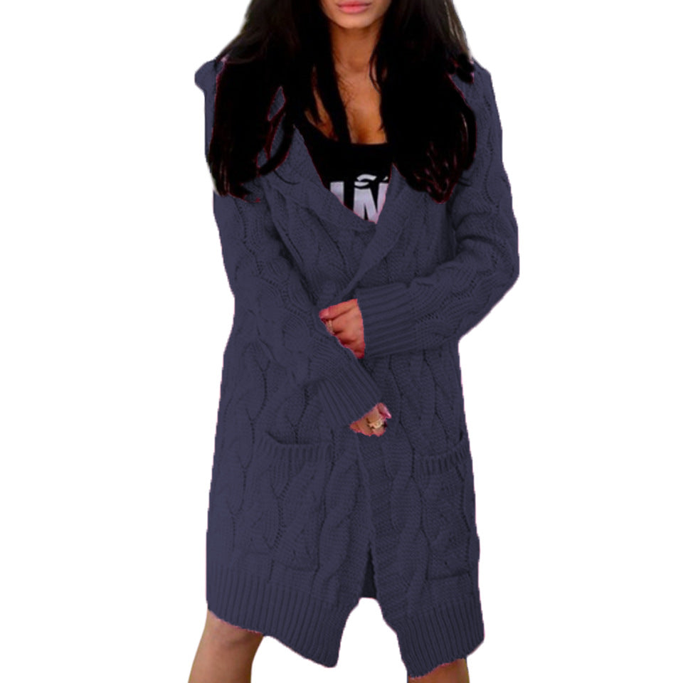 Women's Hooded Solid Color Twist Pocket Knitwear