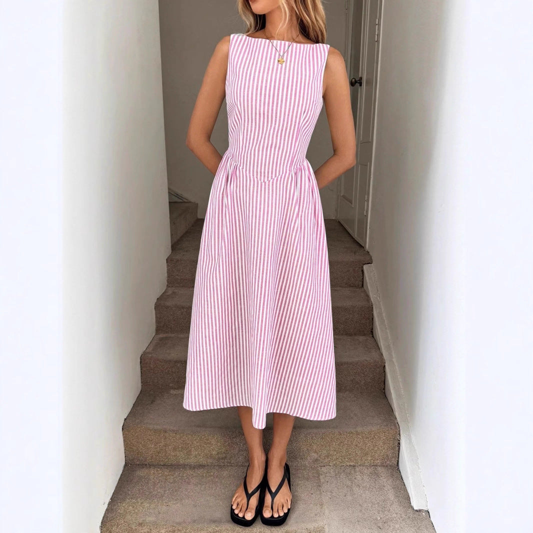 Cool Simple Round Neck Waist Trimming Slimming Temperament Dress