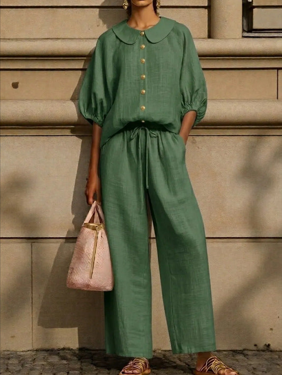 Women's Cotton Linen Lantern Sleeve Shirt Drawstring Fashion Casual Suit