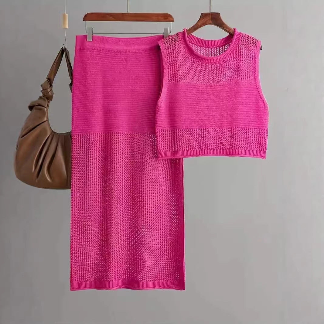 Hollow Sleeveless Summer Knitted Slit Two-piece Sweater