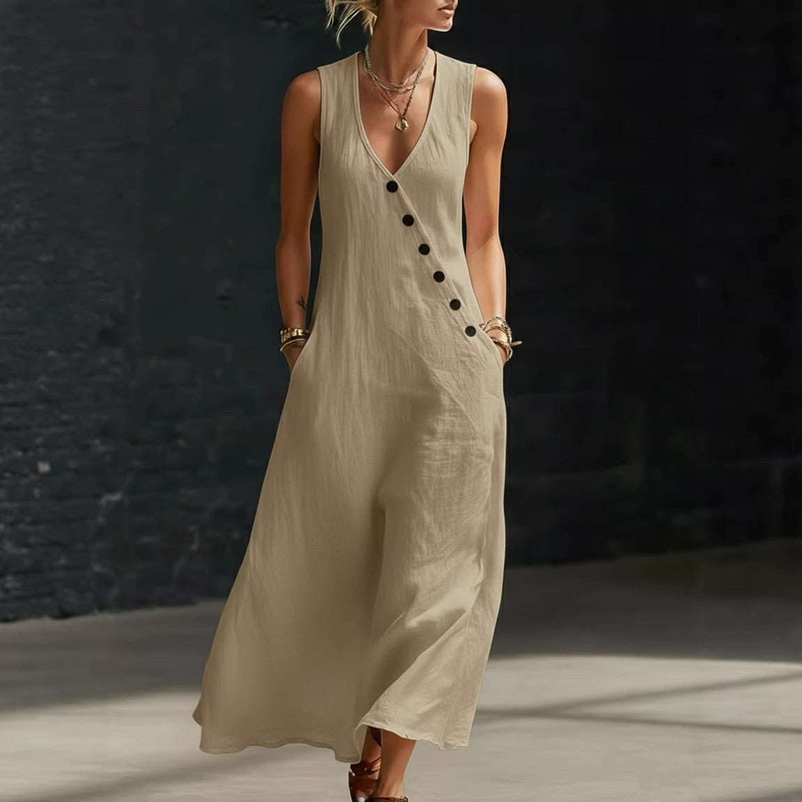 Idle Style Double-breasted Cotton Linen Sleeveless Dress