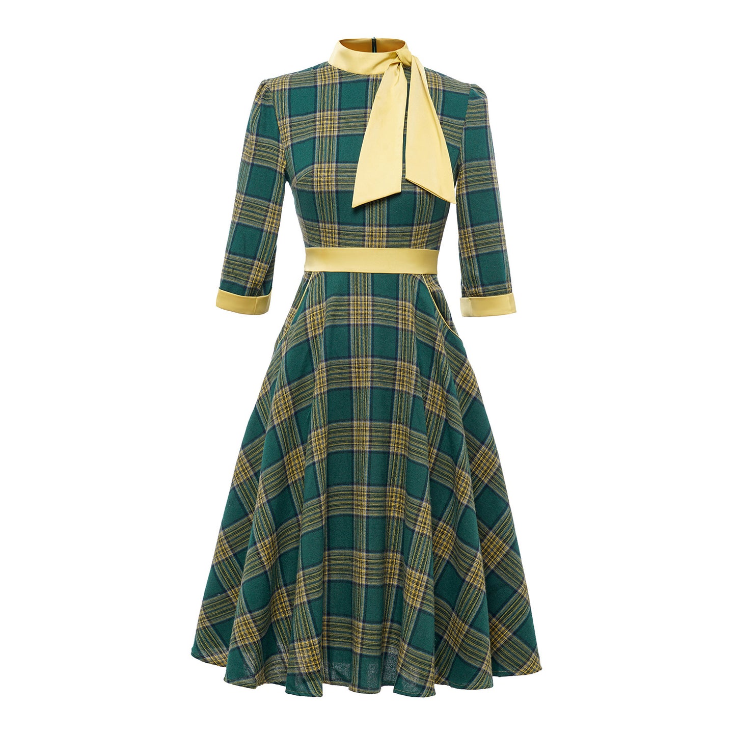 Plaid Turtleneck Green Sleeve Hepburn Style Color Collision Design Artistic Dress