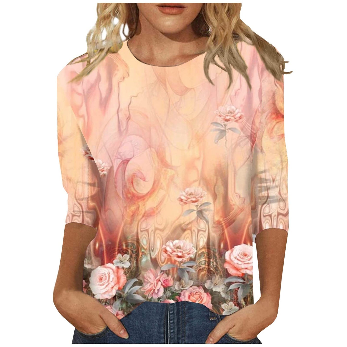 Women's Printed Sleeves Loose Crew Neck Casual Blouses