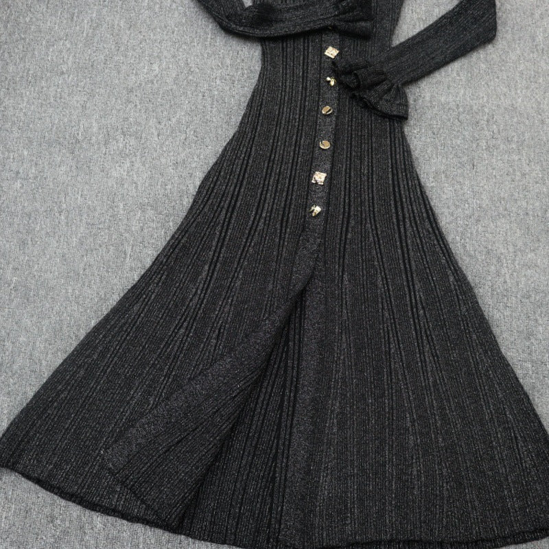French Entry Lux Thin Glittering Line Long Sleeve Slimming Dresses