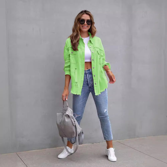 Women's Raw Hem Ripped Denim Long-sleeved Casual Jackets