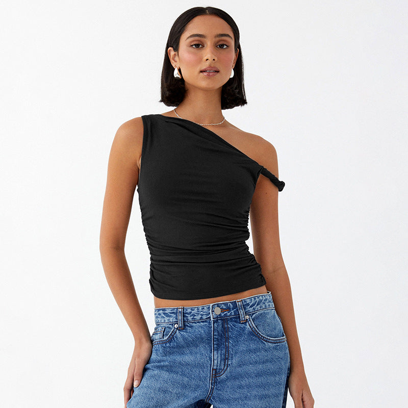 Women's Solid Color Diagonal Collar Pleated Asymmetric Tops