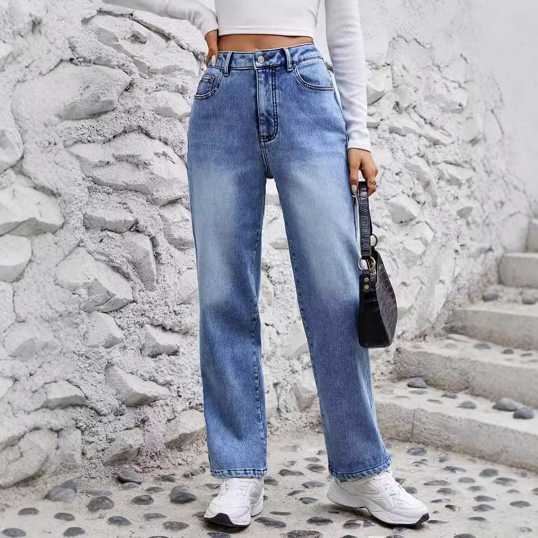 Women's Stretch Fleece Straight Slimming Denim Trousers Jeans