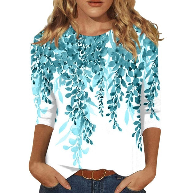 Women's Printed Sleeves Loose Crew Neck Casual Blouses