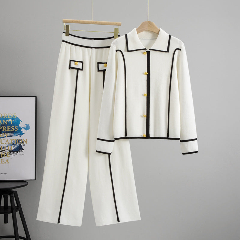 Women's Knitting Neck Pullover Wide Leg Trousers Suits