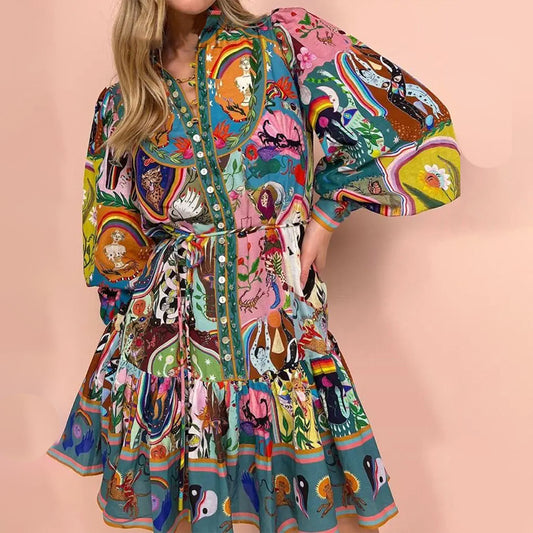 Women's Lace Printing Lapel Long Sleeve Pleated Dresses