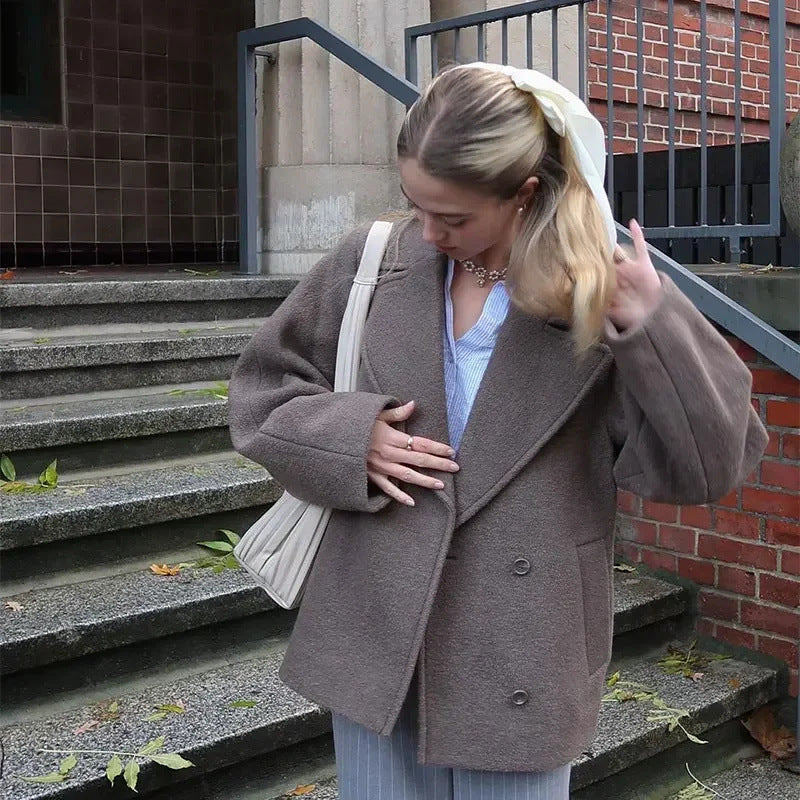 Women's Solid Double Breasted Wool Lapel Long Shorts