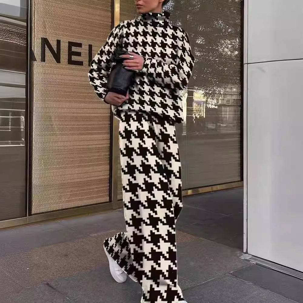 Women's Fashion Printed Loose High Collar Long-sleeved Suits