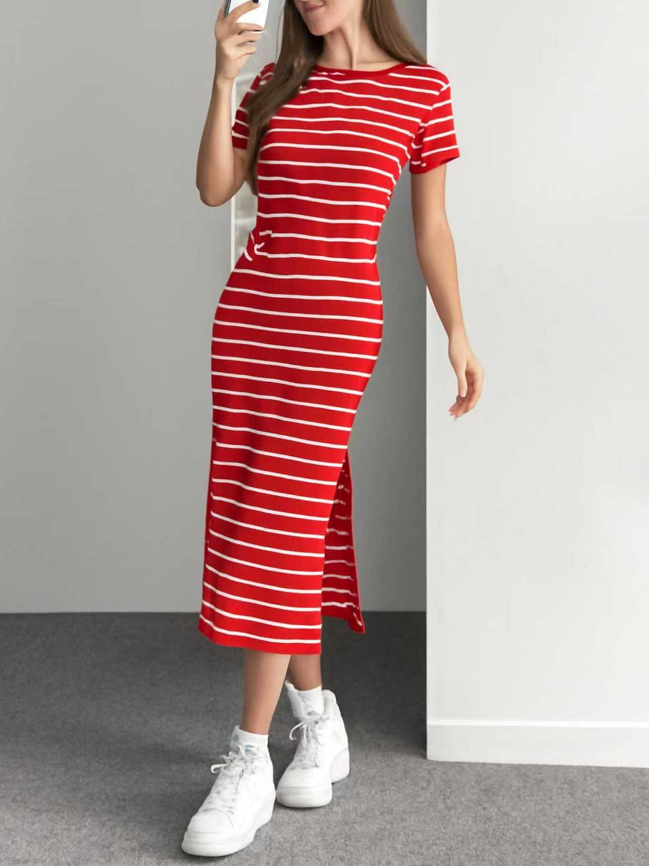 Women's Black White Striped Round Neck Sleeve Floral Print Slit Dress