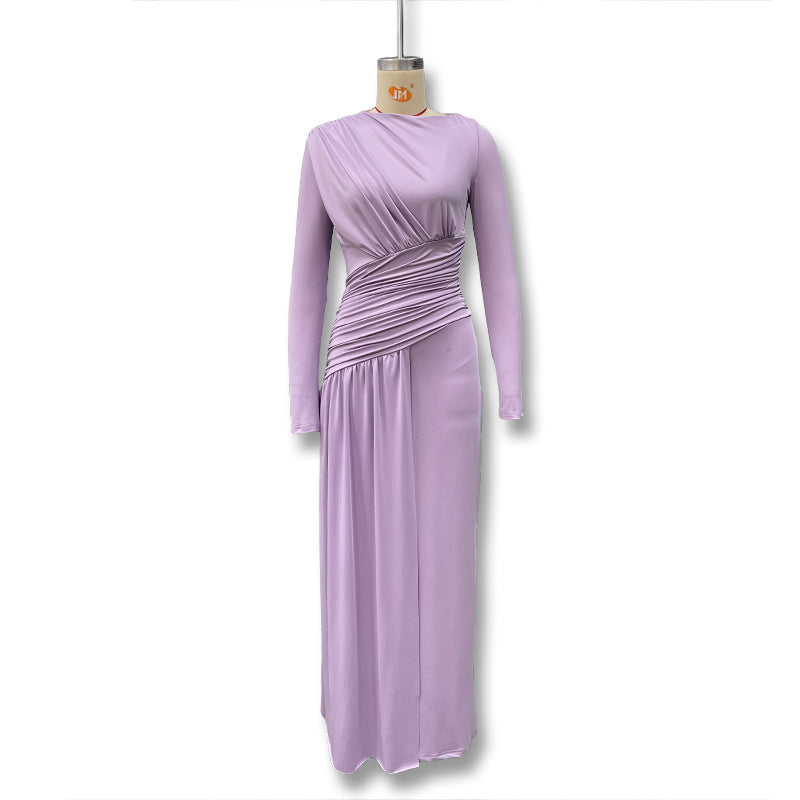 Women's Color Round Neck Asymmetric Fold Slim Fit Dress