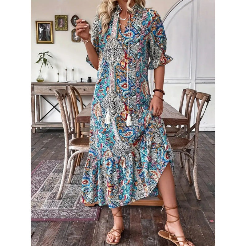 New Women's Autumn Tied Lotus Leaf Dress