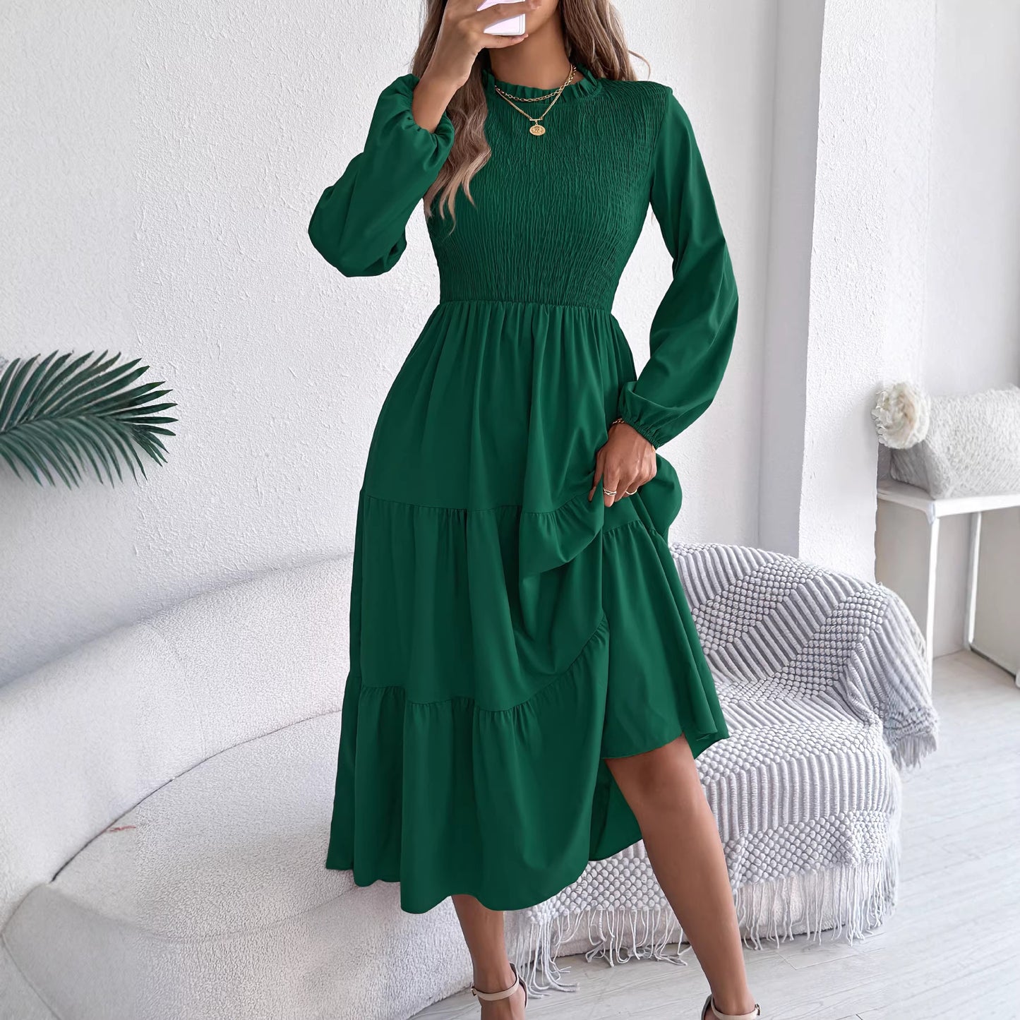 Women's Color Long Sleeve Smocking Slim Fit Dress