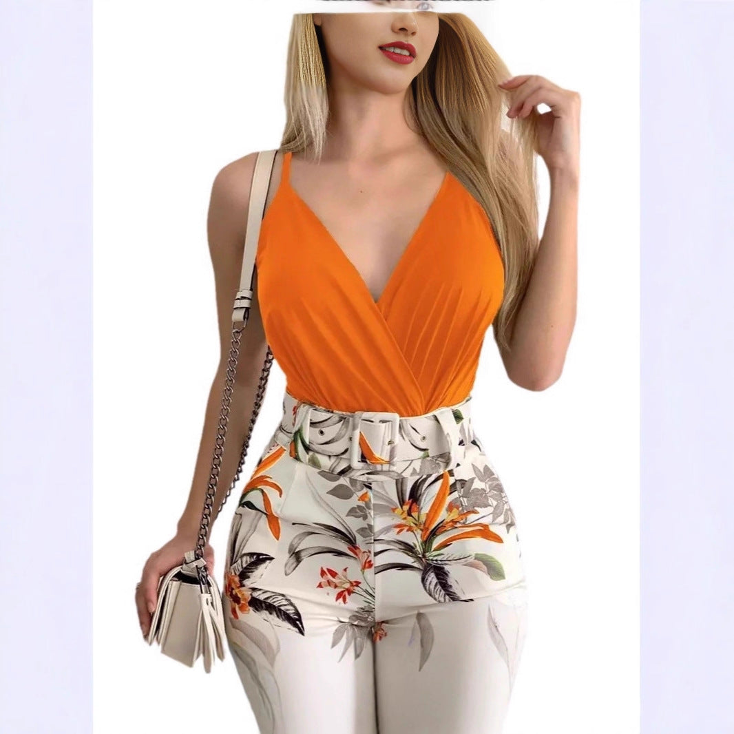 Beautiful Summer Eye-catching Plant Printed Belt Fashion Casual Suit