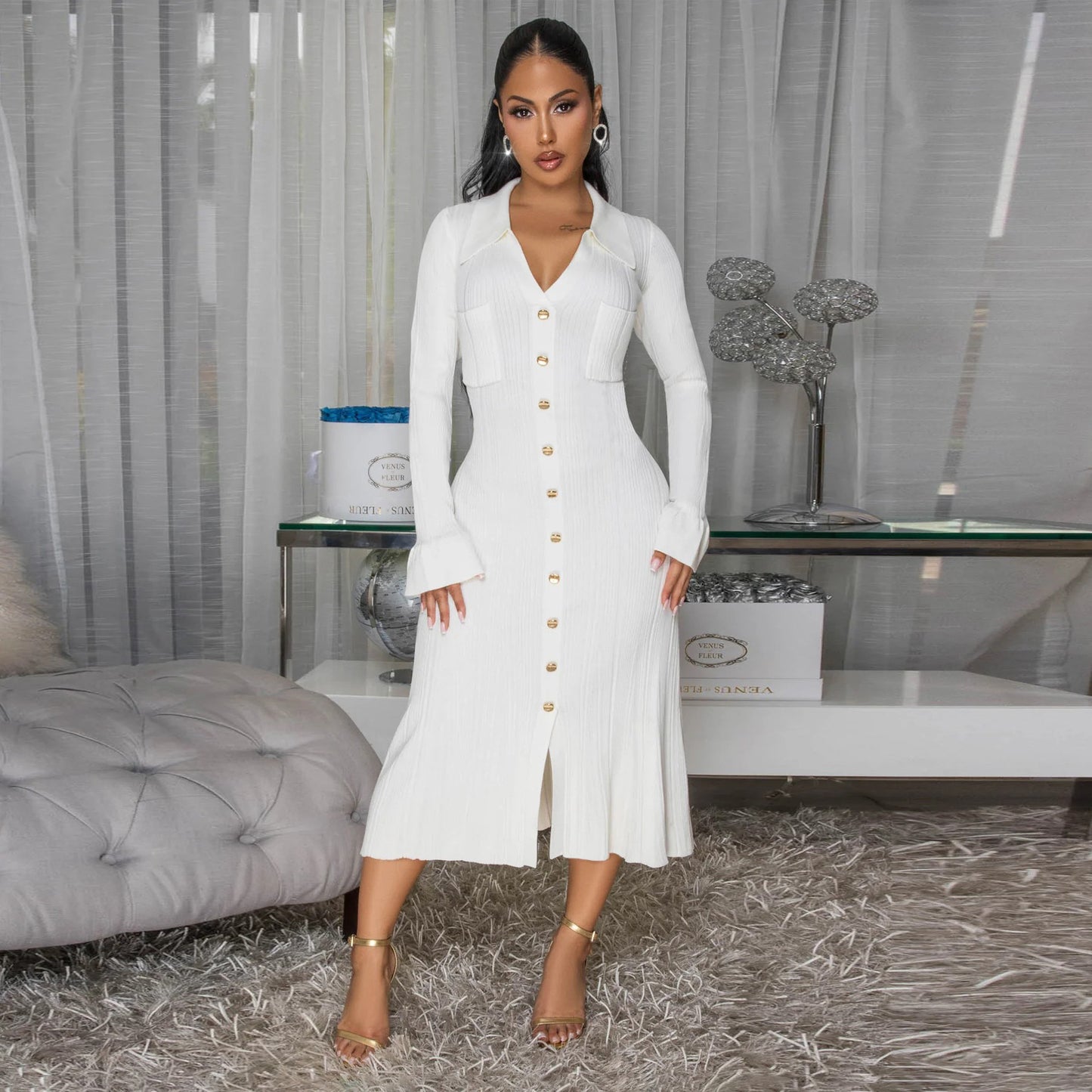 Women's Fashion Wear Solid Color Dress Single-breasted Dresses