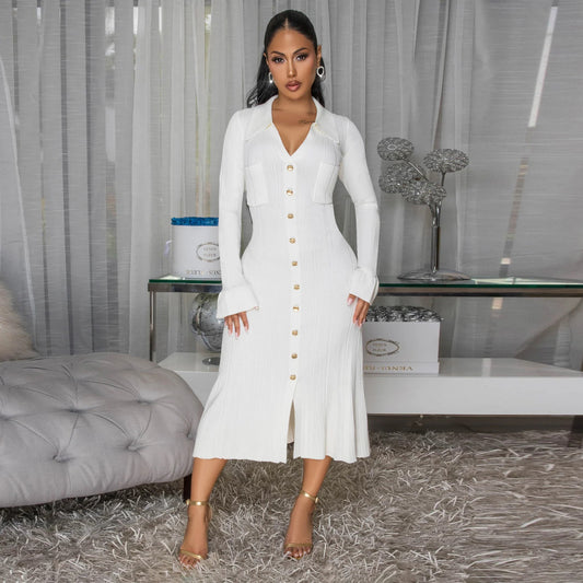 Women's Fashion Wear Solid Color Dress Single-breasted Dresses