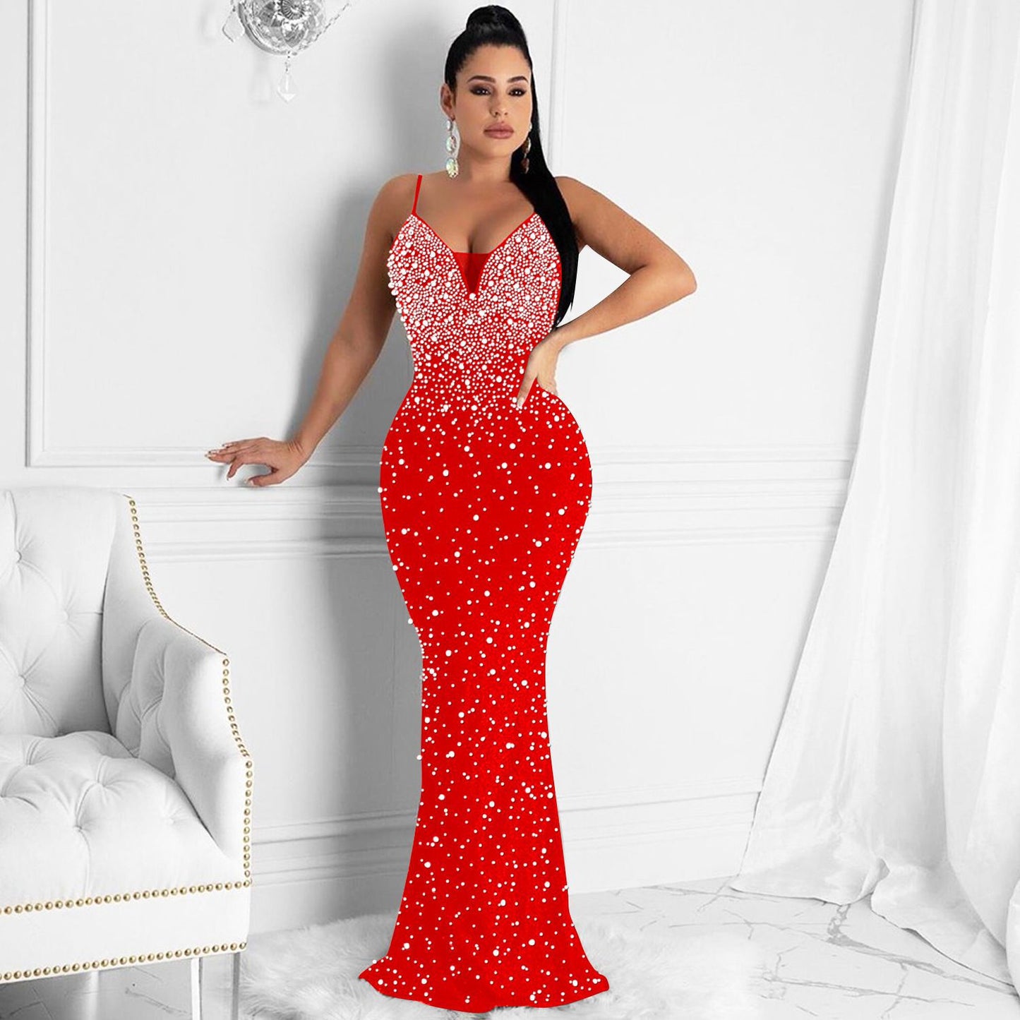 Women's Fashion Sexy Nightclub Rhinestone Beaded Strap Dresses