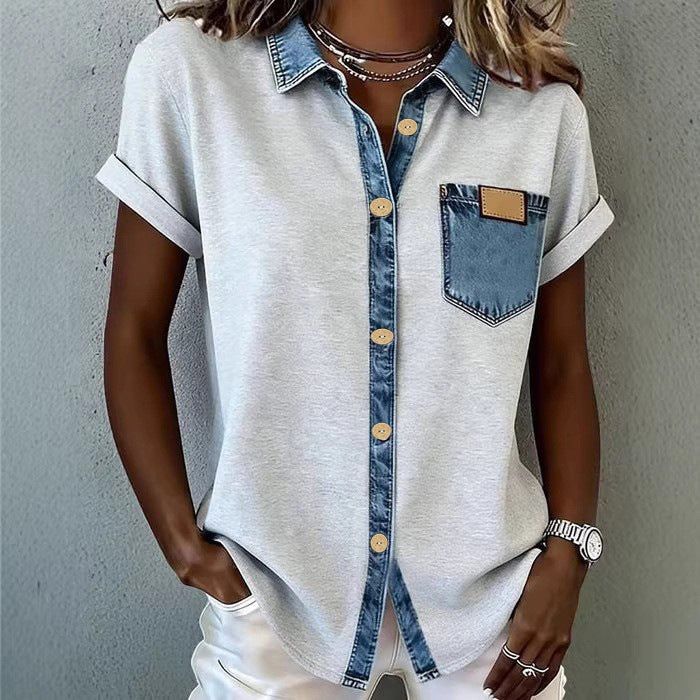 Women's American Retro Contrast Stitching Sleeves Pocket Shorts